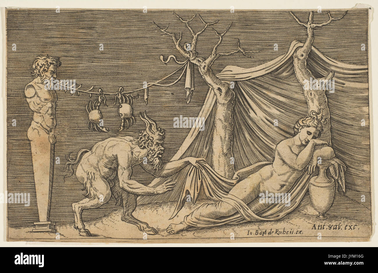 A satyr discovering a sleeping woman; two crabs hanging from a rope which is strung between a term and a tree MET DP818620 Stock Photo