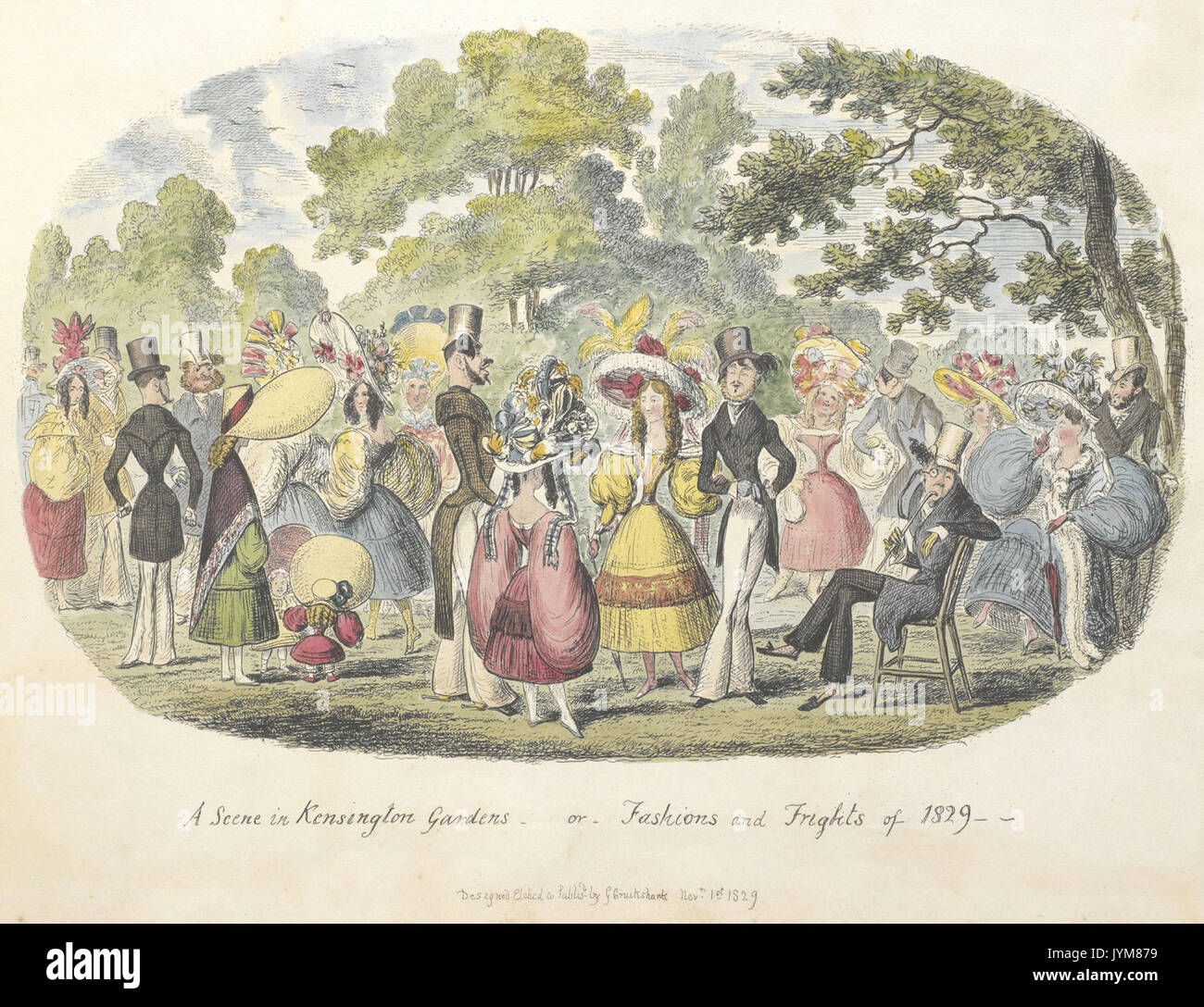 A scene in Kensington Gardens, or fashion and frights of 1829   Cruikshank, Scraps and sketches (1829), f.8   BL Stock Photo