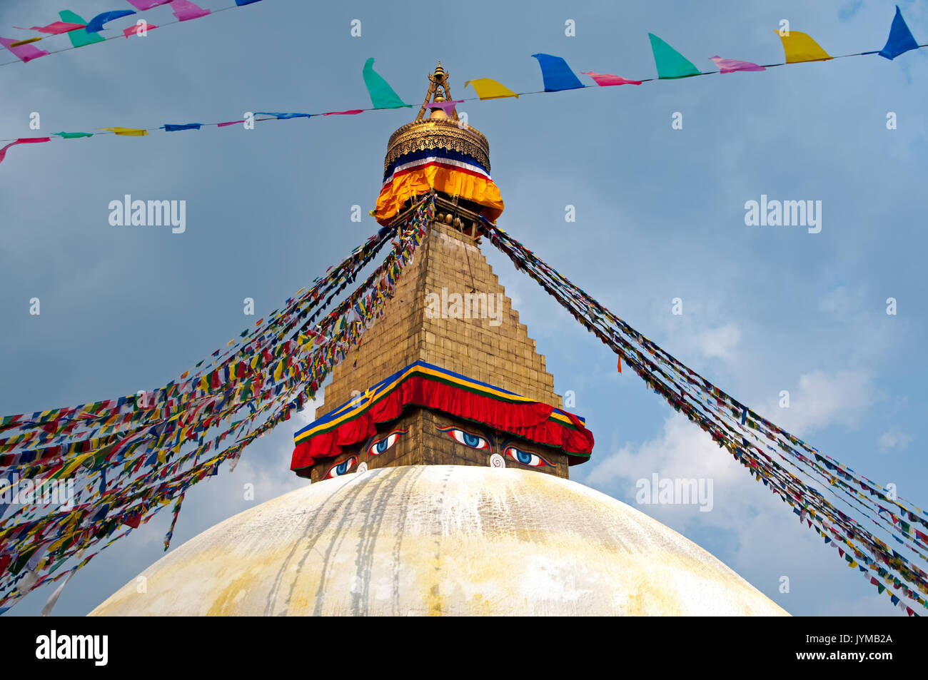View of Boudhanath Temple and prayer flag. Boudhanath is a stupa in Kathmandu, Nepal. It is known as Khasti in Nepal Bhasa, Jyarung Khashor in Tibetan Stock Photo