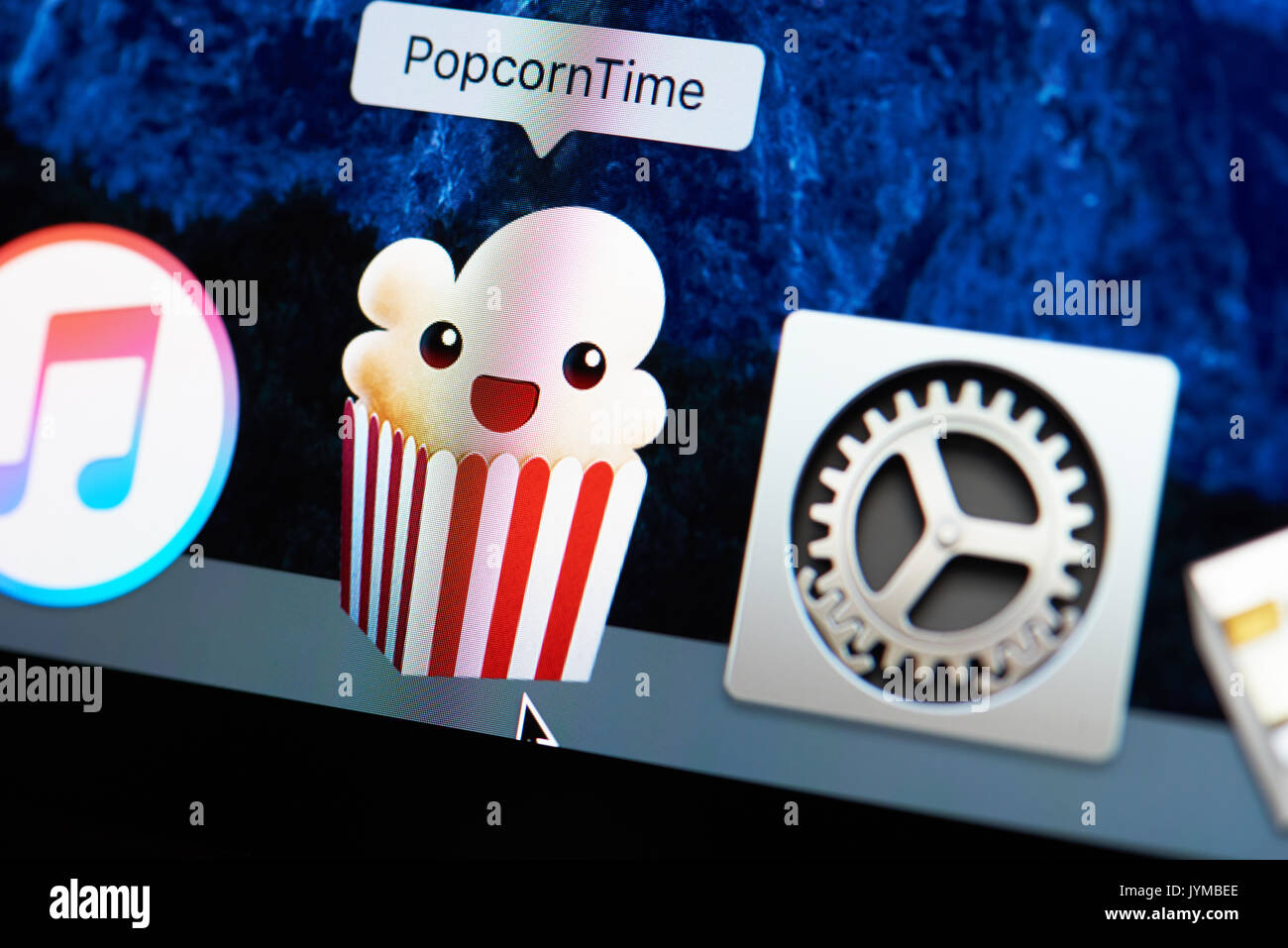 New york, USA - August 18, 2017:Popcorntime movie service on laptop screen close-up. Watch movie on popcorntime application Stock Photo