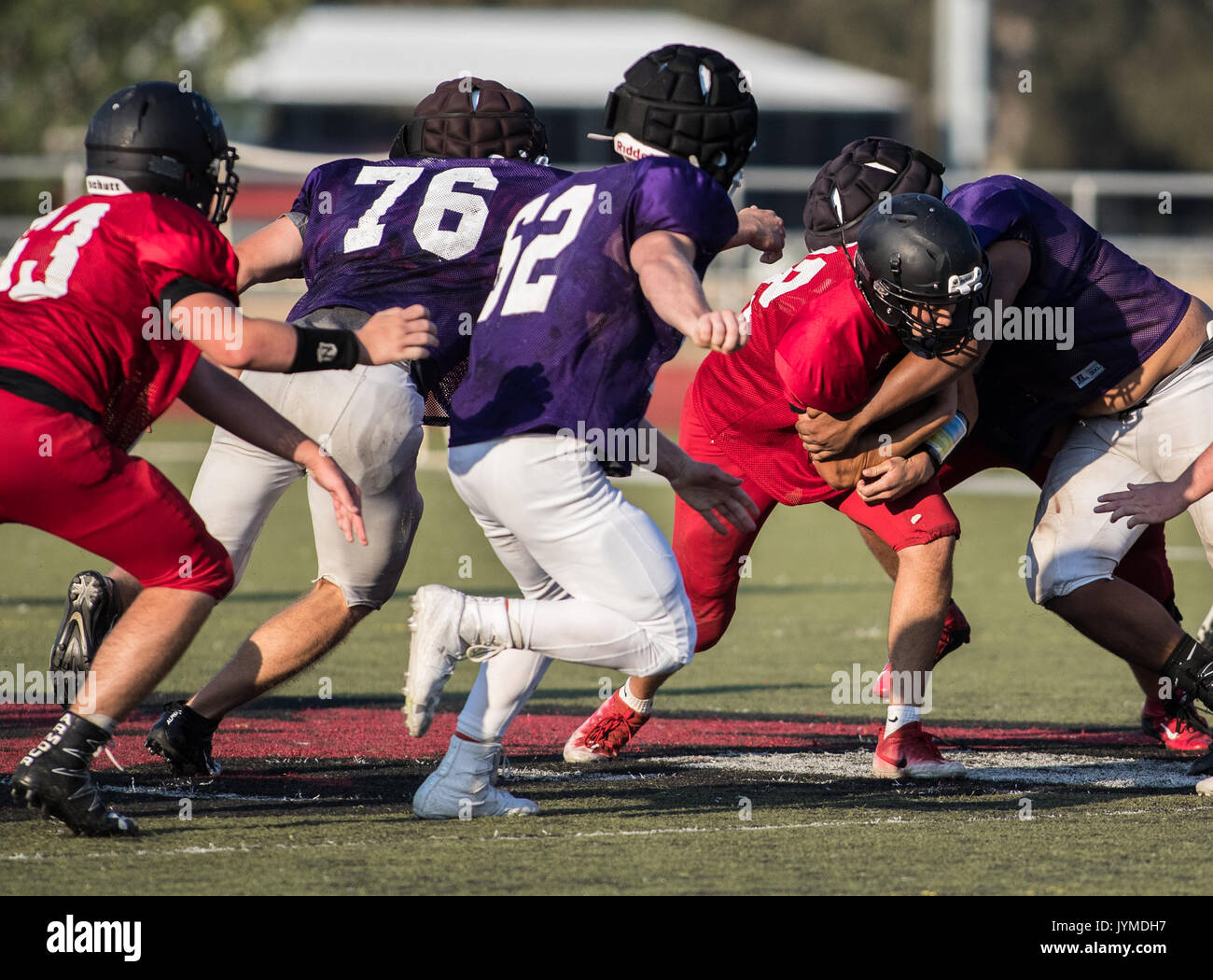 Football action with Shasta vs. Foothill High School in Palo Cedro, California. Stock Photo