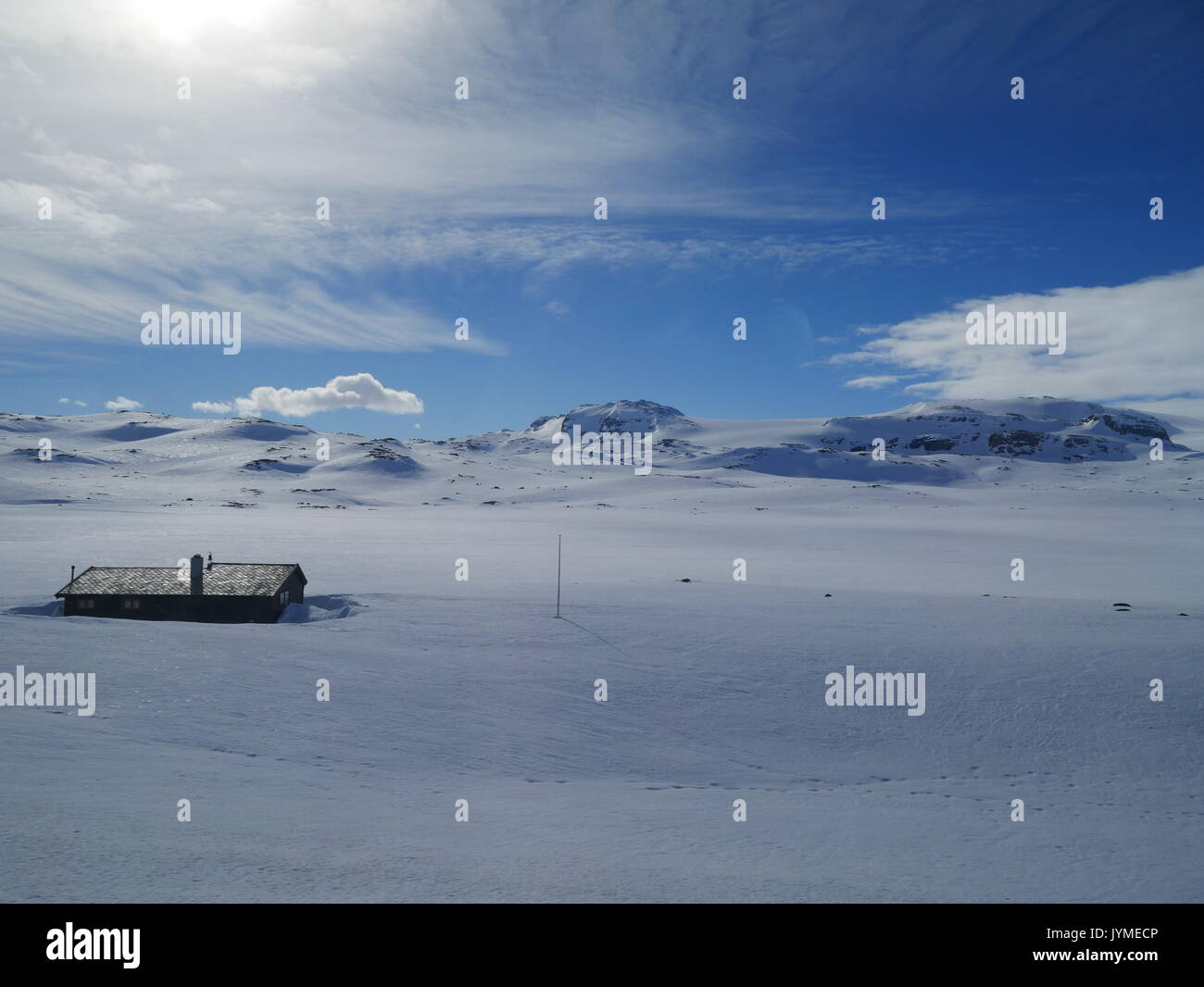 Remote nordic cabin in a snowy scene, Norway Stock Photo