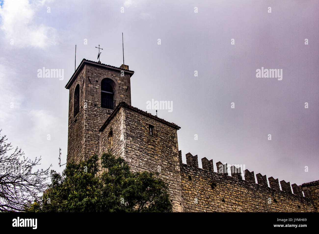 Republic of San Marino landscape: the ancient The Watch tower , one of the three towers on a peak of Monte Titano Stock Photo