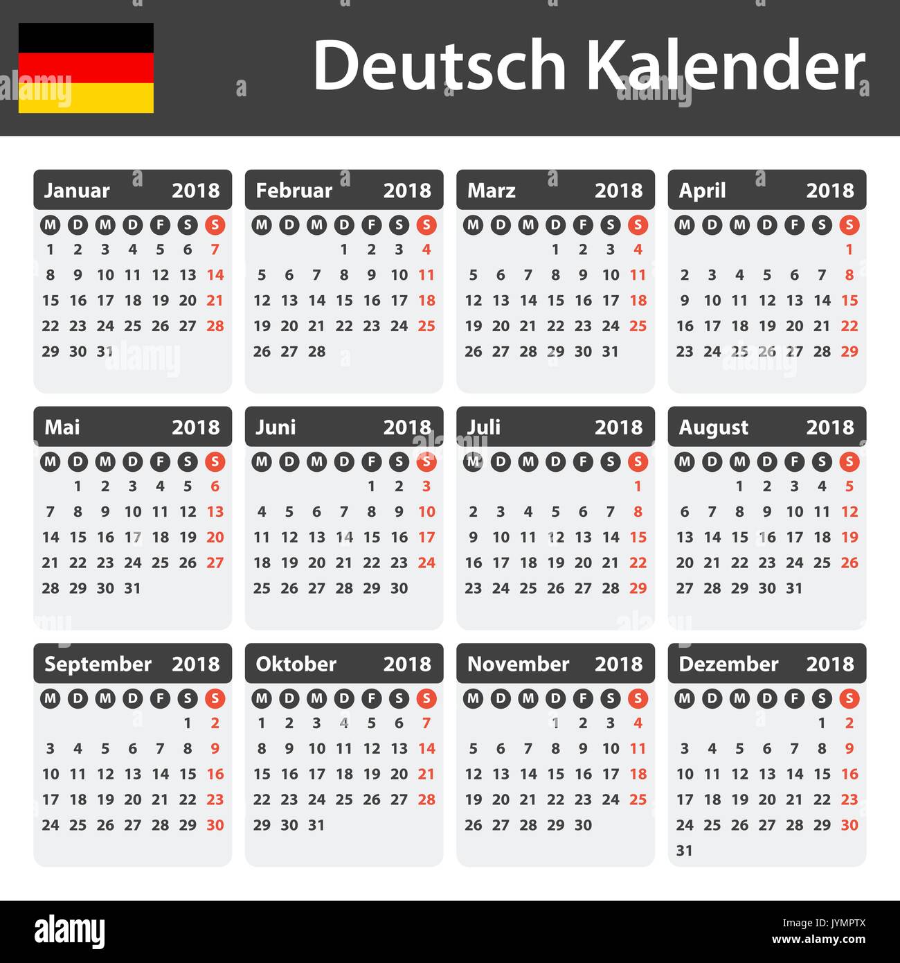 German Calendar for 2018. Scheduler, agenda or diary template. Week starts  on Monday Stock Vector Image & Art - Alamy