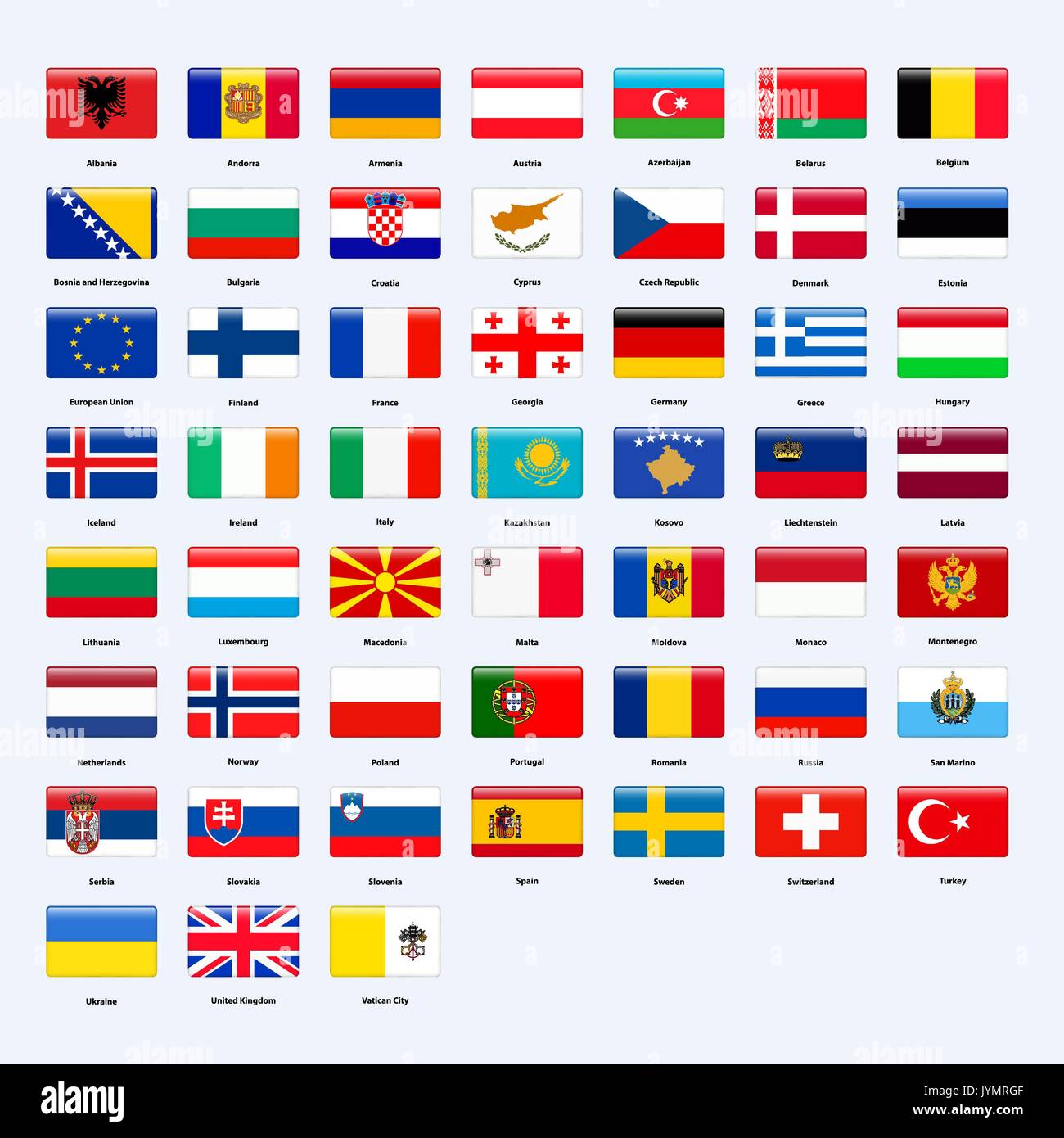 Set of flags of all countries of Europe. Rectangle glossy style. Stock Vector