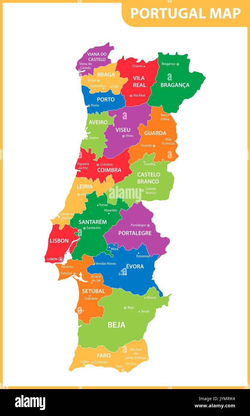 The detailed map of the Portugal with regions or states and cities, capitals Stock Vector