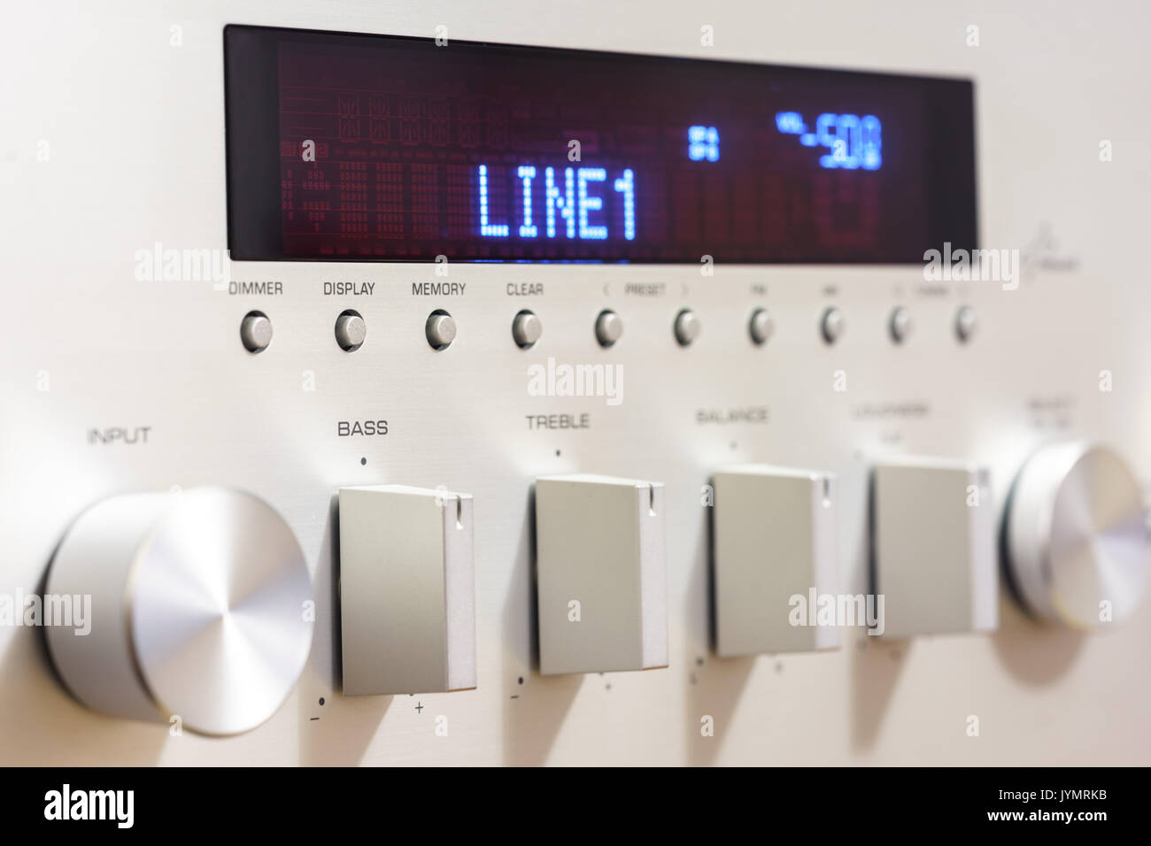 Silver sound amplifier receiver front panel display Stock Photo