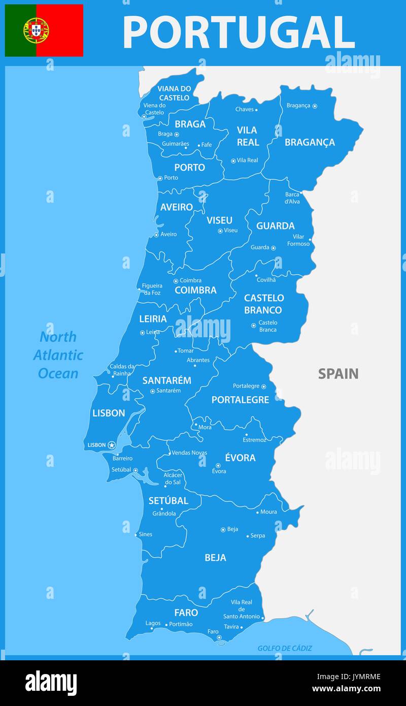 The detailed map of Portugal with regions or states and cities, capitals. Stock Vector