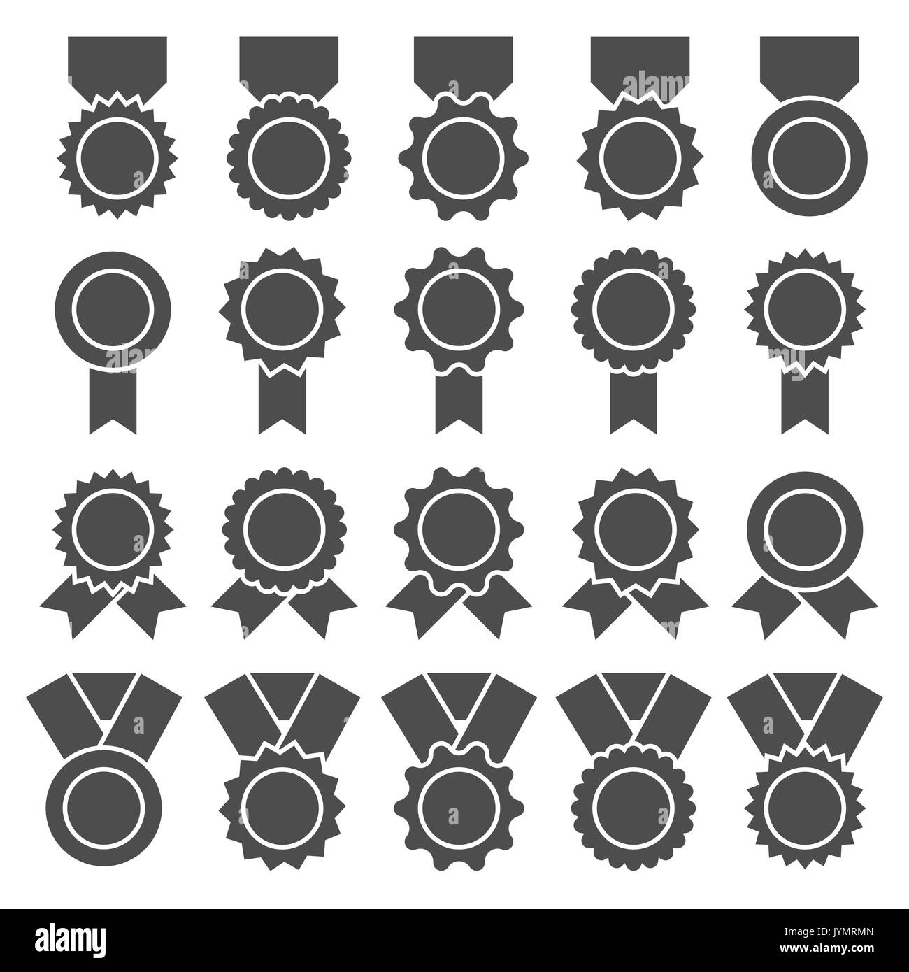 Set of medals, badges or awards with ribbons. Flat vector icon set Stock Vector