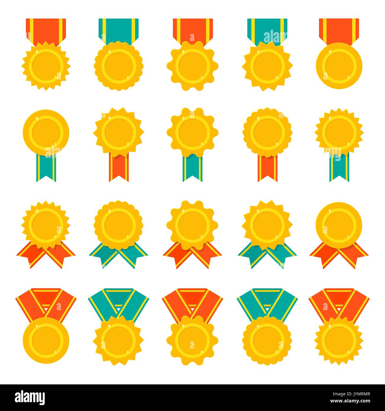 Set of medals, badges or awards with ribbons. Flat color vector icon set Stock Vector