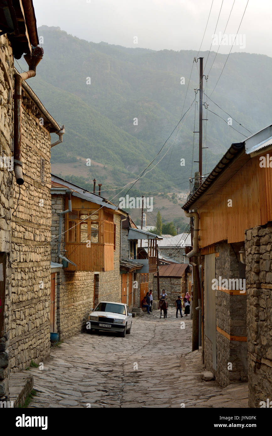 Street view on cobblestone Huseynov street, the main street of Lahic mountainous village of Azerbaijan Stock Photo