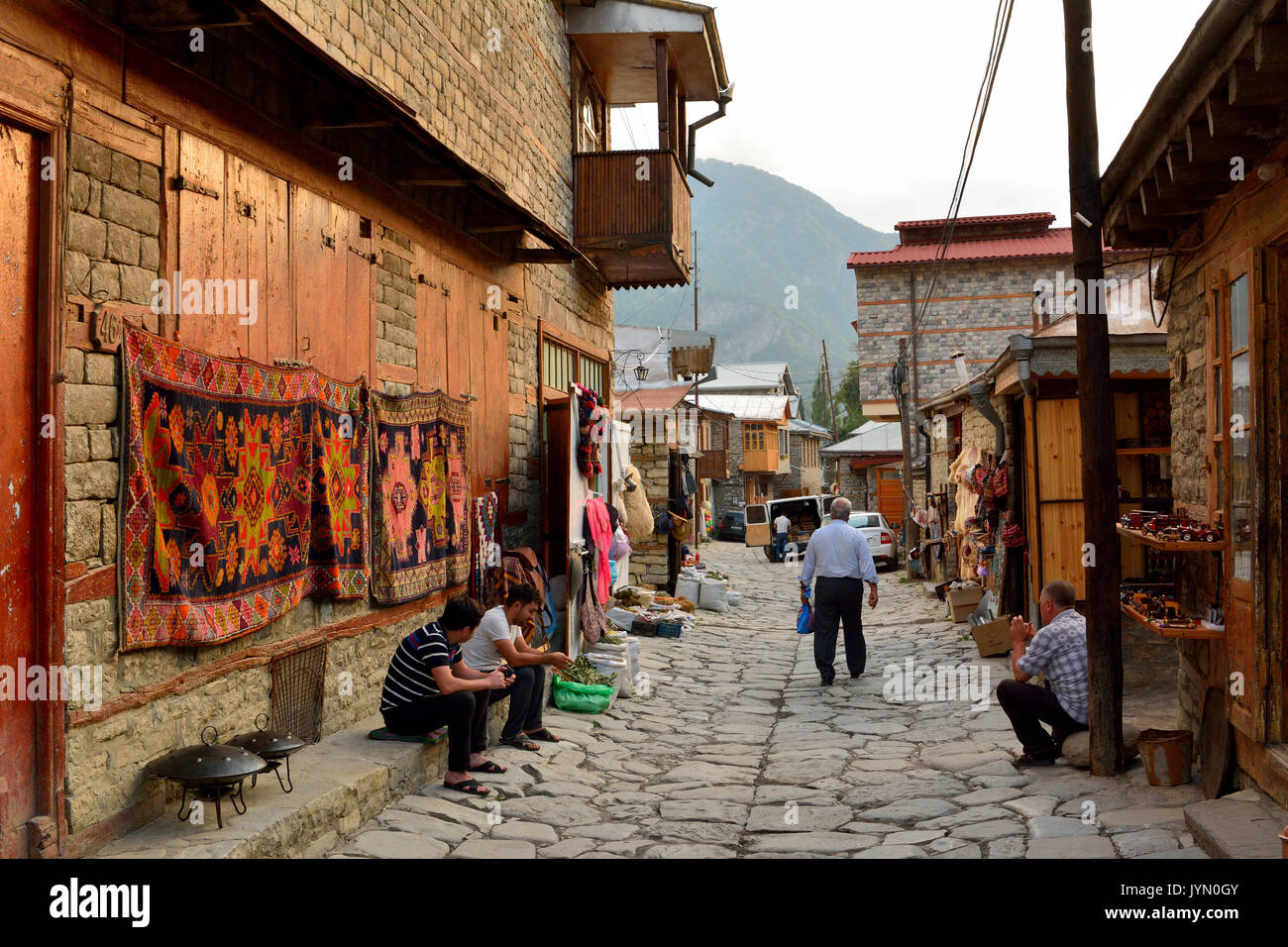 Street view on cobblestone Huseynov street, the main street of Lahic mountainous village of Azerbaijan Stock Photo