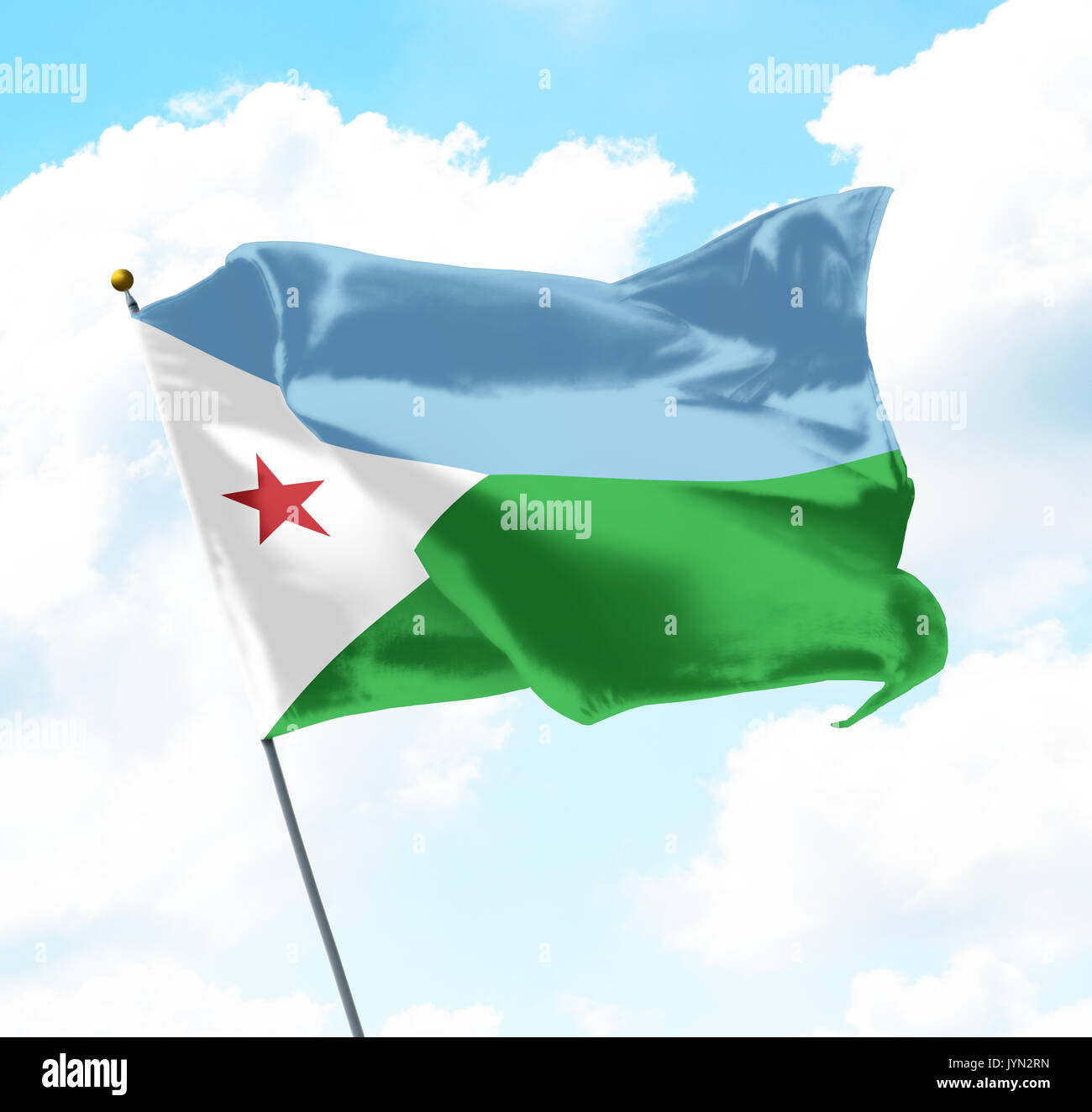Flag of Djibouti Raised Up in The Sky Stock Photo
