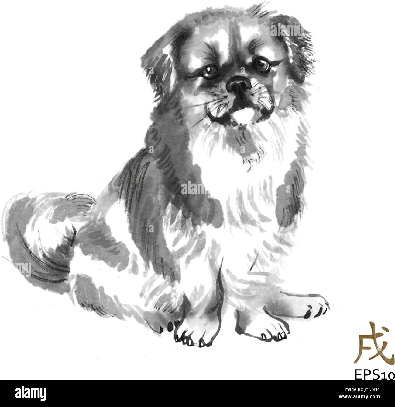 Tibetan spaniel vector oriental ink painting with golden Chinese hieroglyph Tibetan spaniel vector oriental ink painting with golden Chinese hieroglyph
