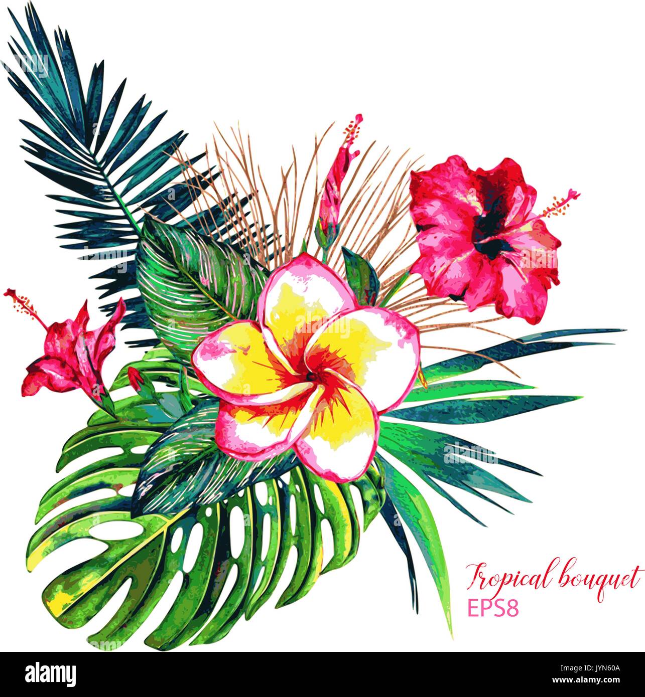 Tropical bouquet. Exotic flowers of hibiscus and plumeria, rain forest palm leaves, calathea and monstera. Handmade vector floral watercolor. Stock Vector