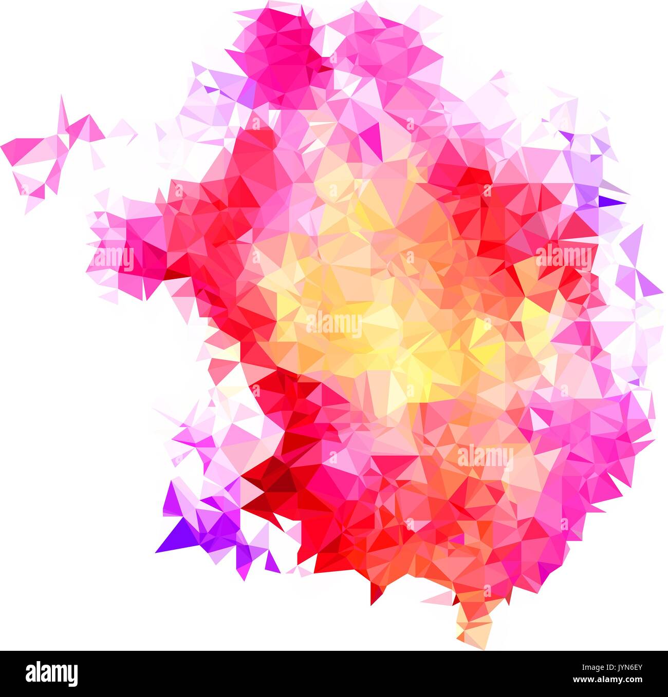 Abstract color splash shape. Triangulated geometric low poly background, magenta, purple and yellow shades. Isolated on white. For your design. Stock Vector