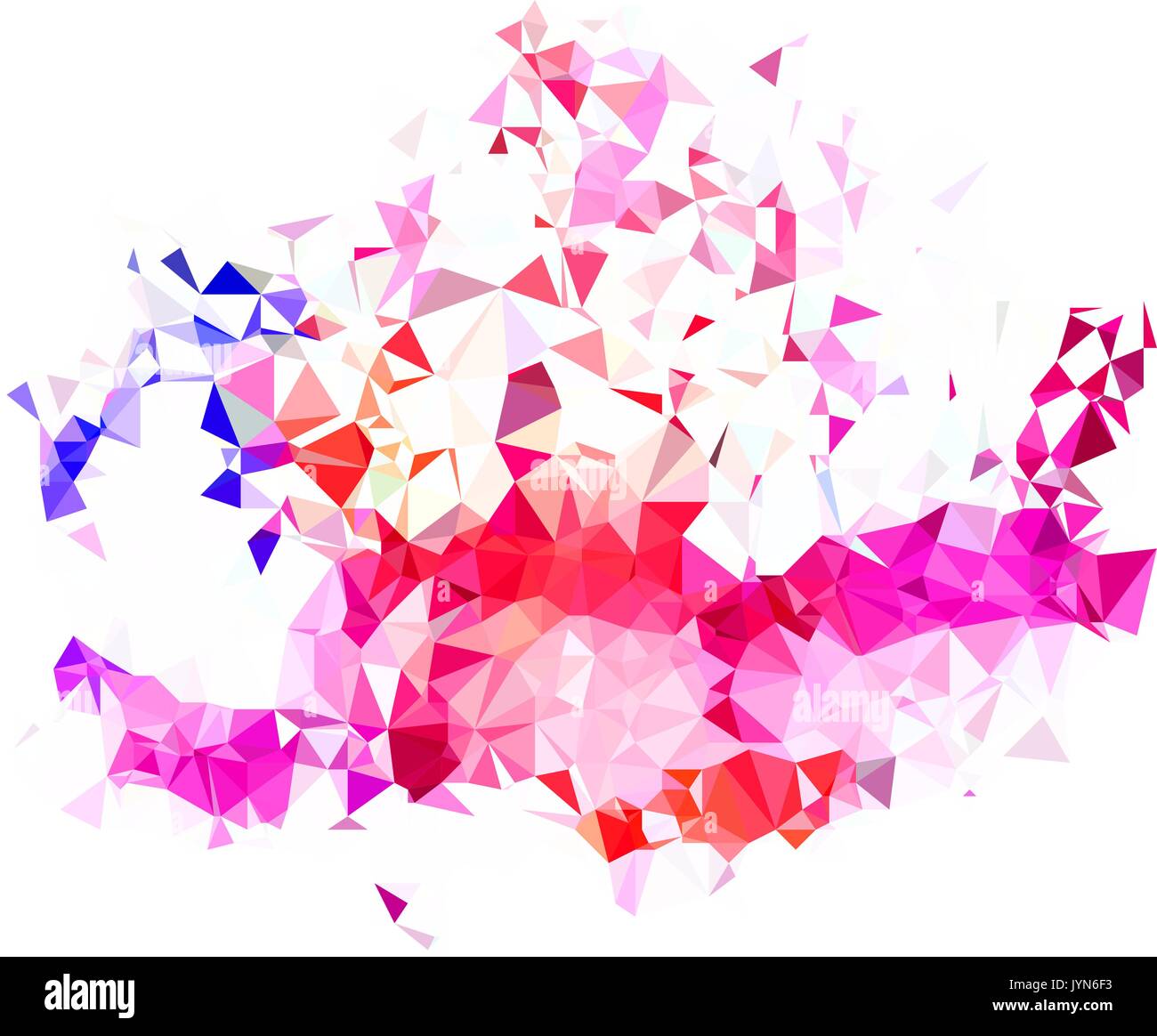 Abstract color splash shape. Triangulated geometric low poly background, blue, purple, amethyst and orange shades. Isolated on white. For your design. Stock Vector