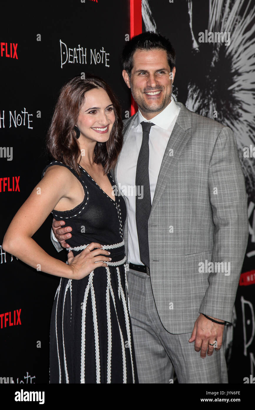 NEW YORK, NY - AUGUST 17: Mary Parlapanides (L) and screenwriter Vlas Parlapanides attend the 'Death Note' New York premiere at AMC Loews Lincoln Squa Stock Photo