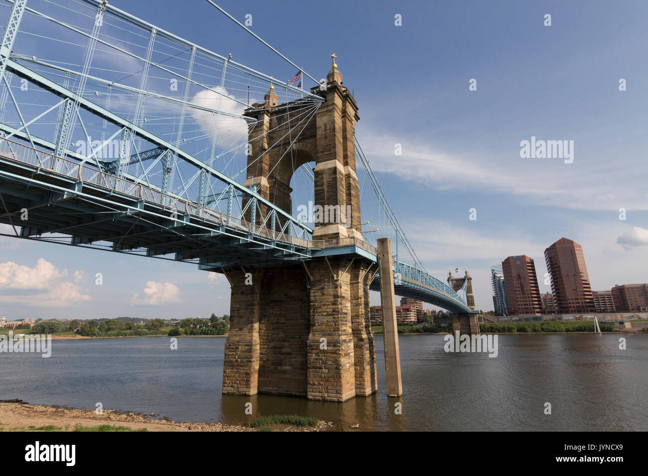 Image of the Suspension Bridge located in Cincinnati, Ohio. Stock Photo