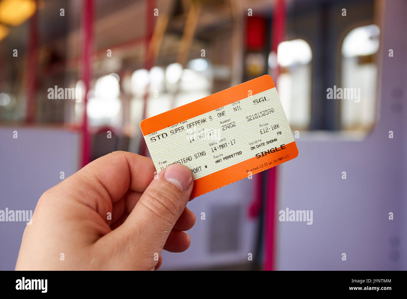 LONDON, ENGLAND - MAY 14, 2017 : UK Rail National single offpeak standard ticket. In the United Kingdom, National Rail is the trading name licensed fo Stock Photo