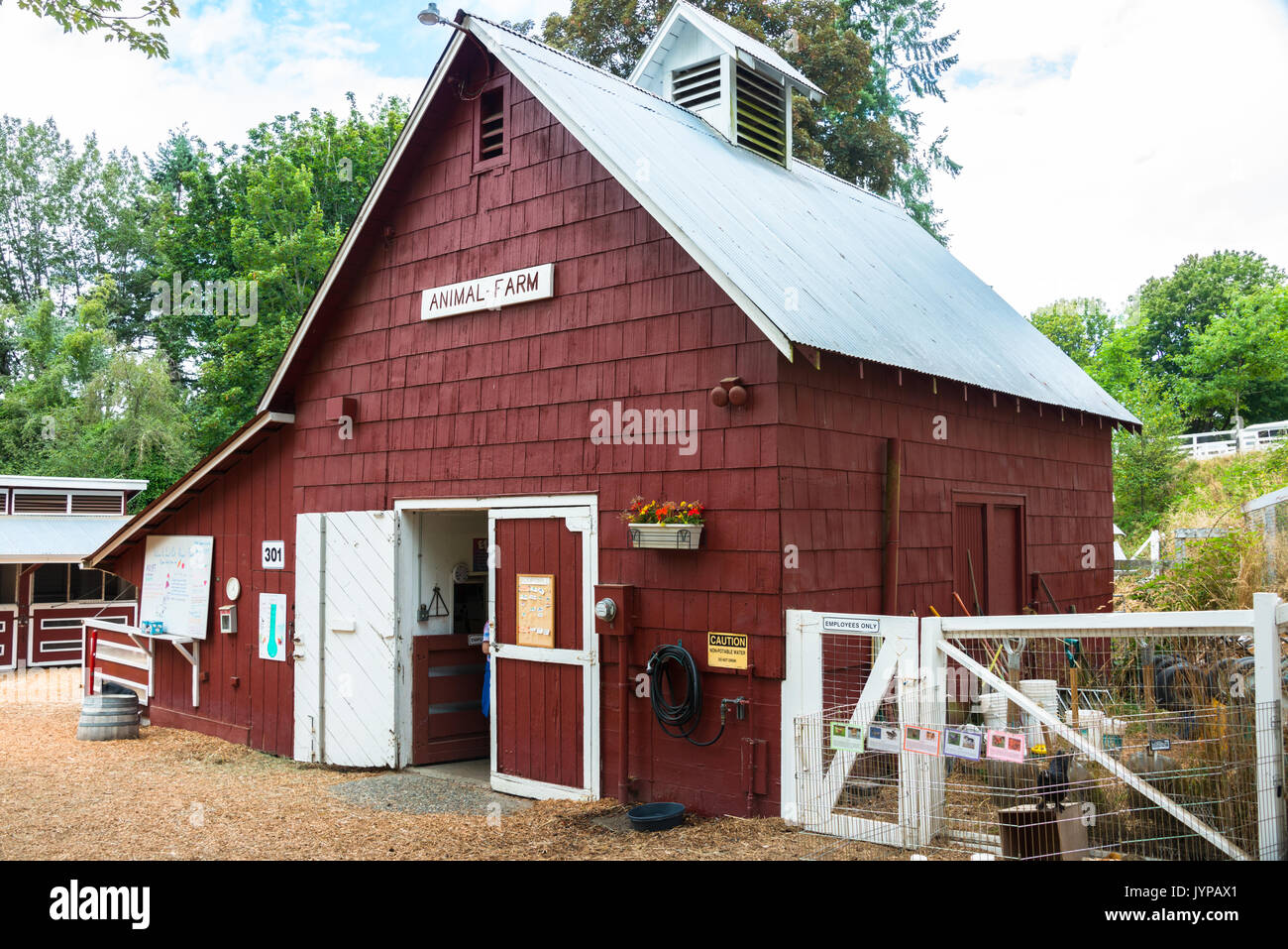 Red Barn at Educational Animal Farm Stock Photo