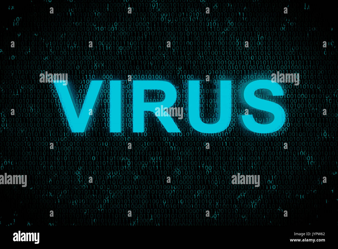 Blue error message with word Virus on digital source code background. Concept of Hacker attack Stock Photo