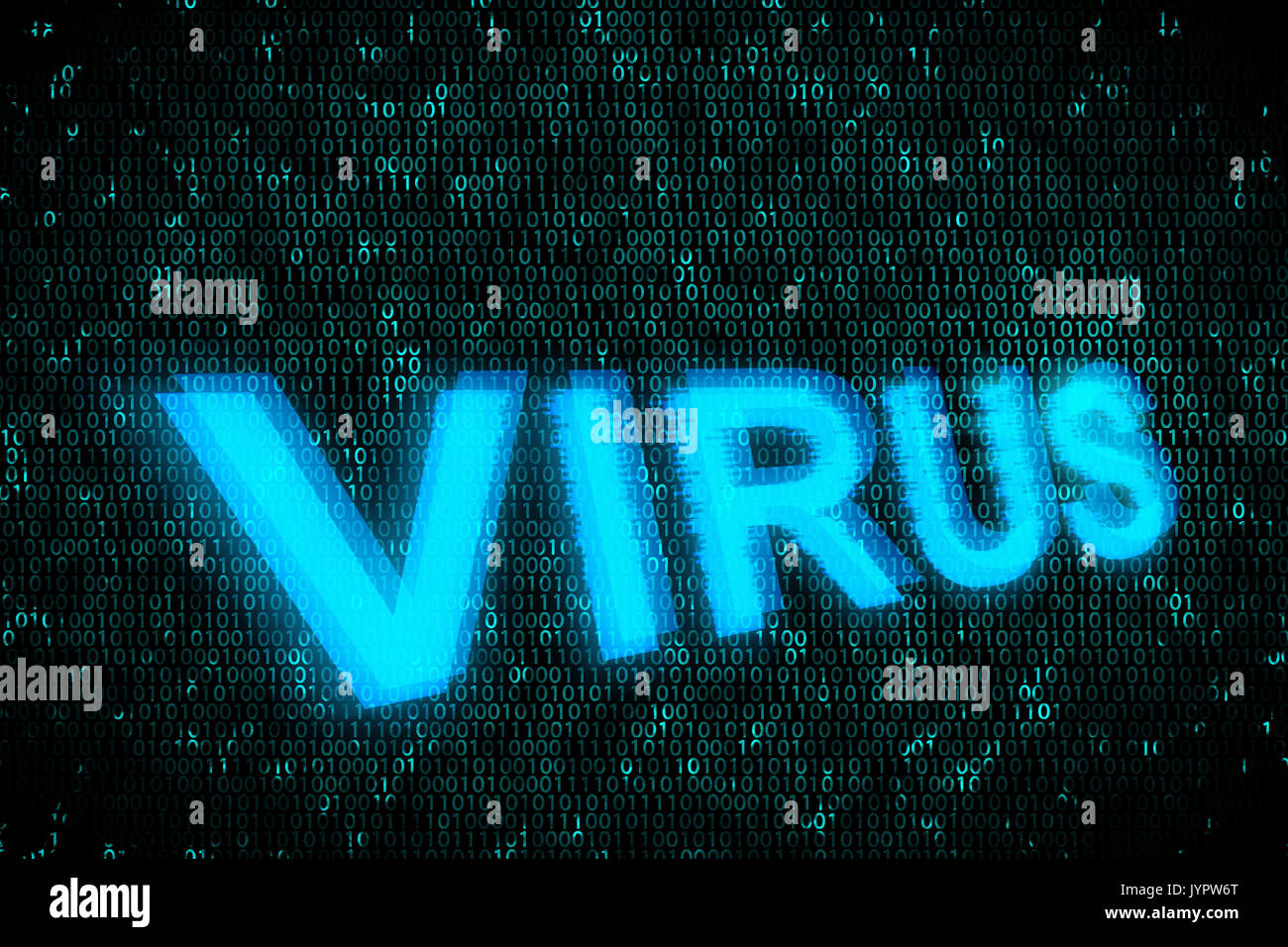 Word Virus on digital computer background with source code. Concept of hacker attack in internet Stock Photo