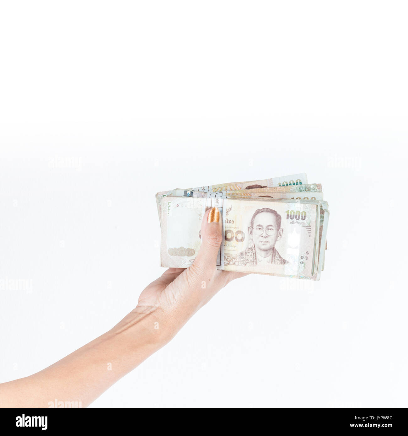 Woman holds banknotes of Thailand Stock Photo