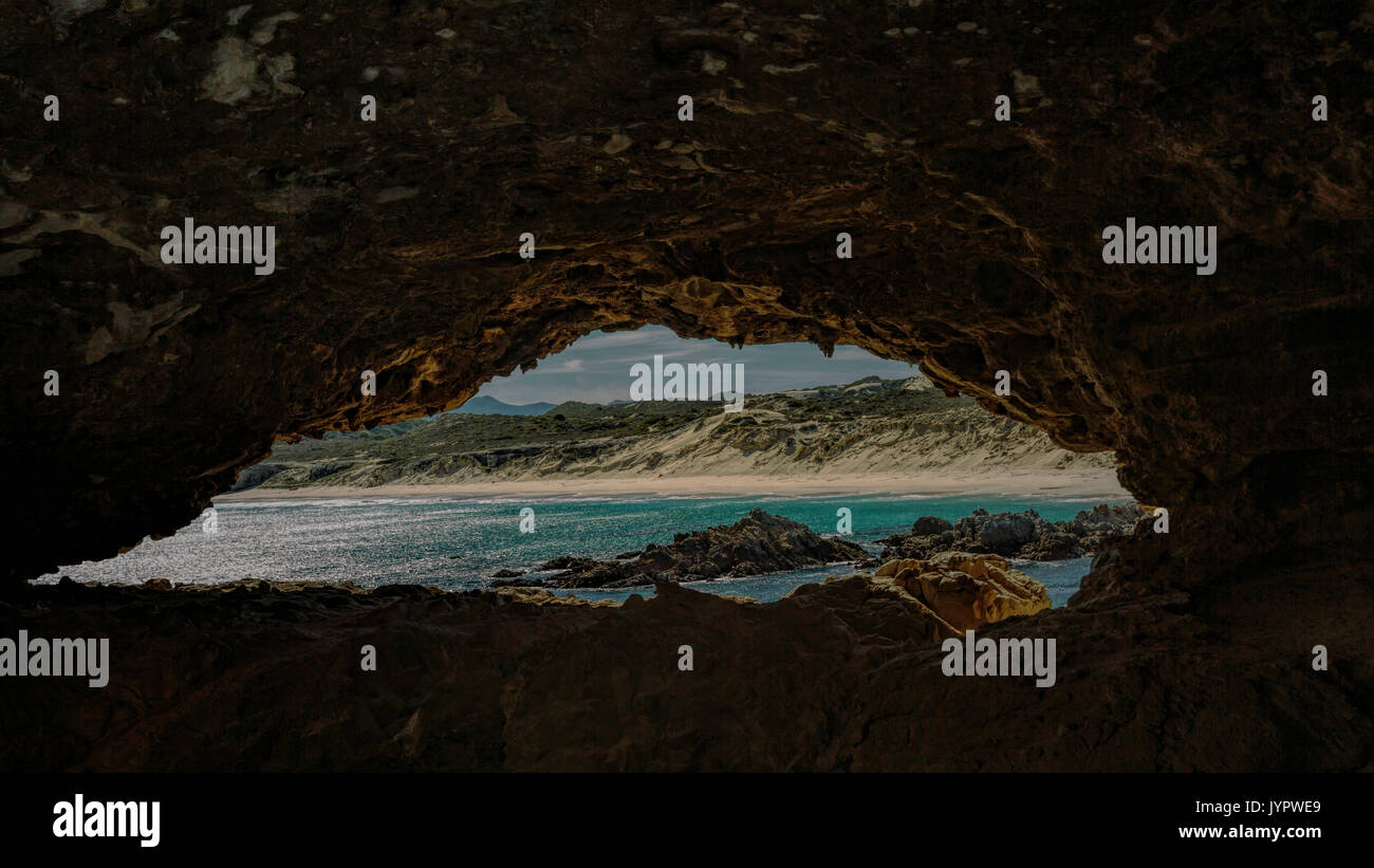 View from inside Klipgat Cave, a stone age dwelling at Walker Bay, De Kelders, Nr Gansbaai, Western Cape, South Africa. Stock Photo