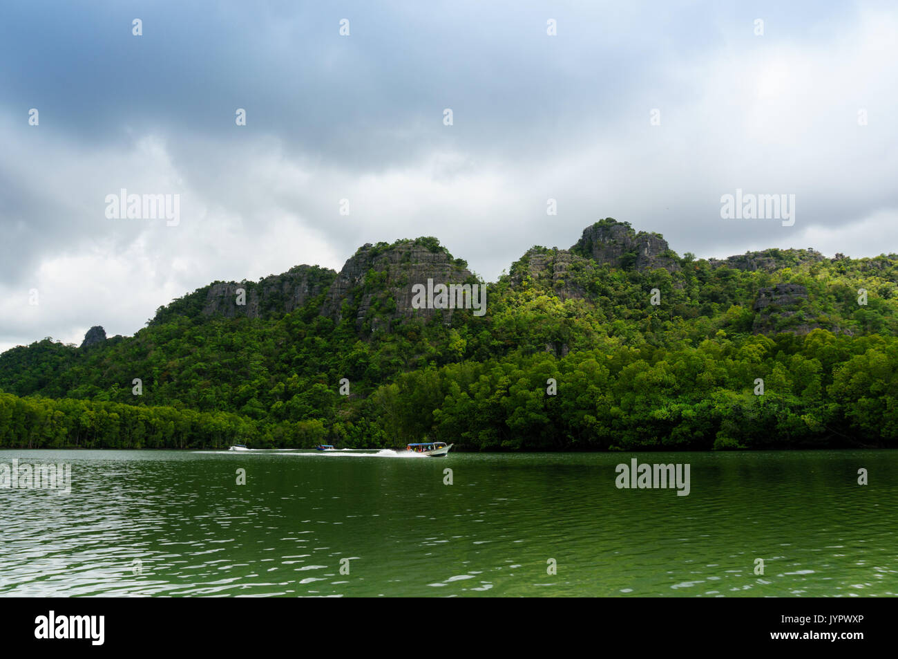 Speed boat sailing through beautiful landscape in Langkawi Stock Photo ...