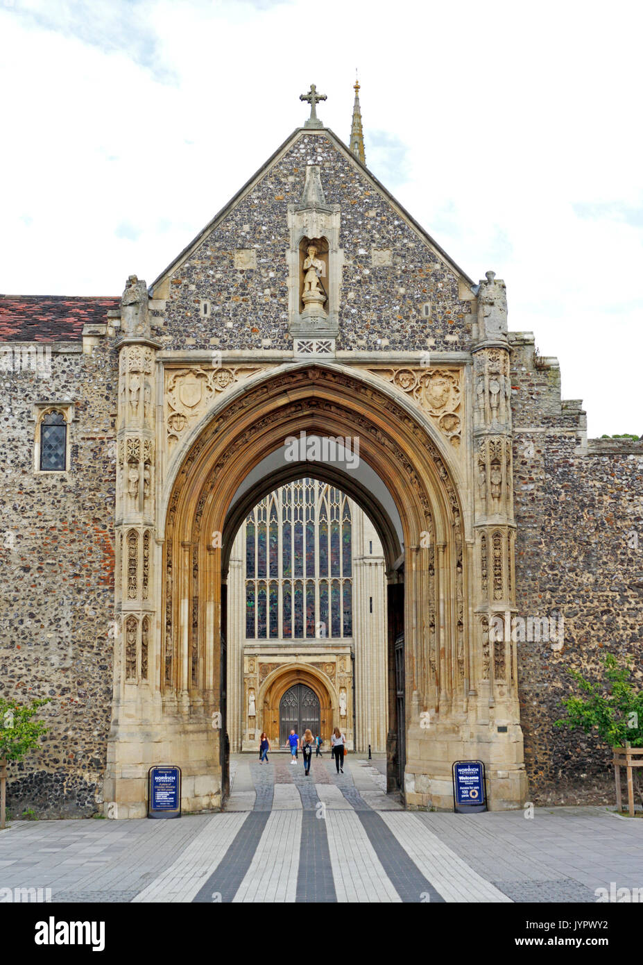 A view of the Erpingham Gate access to the Cathedral from Tombland in the City of Norwich, Norfolk, England, United Kingdom. Stock Photo