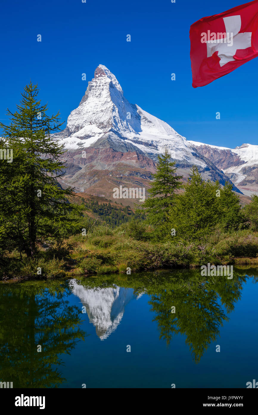 Matterhorn reflecting in Grindjisee(lake) in Swiss Alps, Switzerland Stock Photo