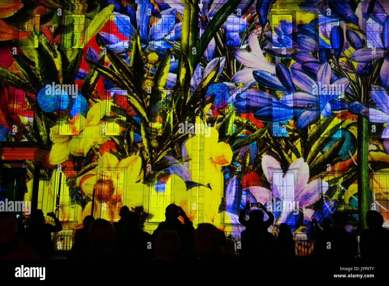 3D mapped projections in Andrew's Square as part of the beginning of the Edinburgh International festival. The show is called 'Bloom. Stock Photo