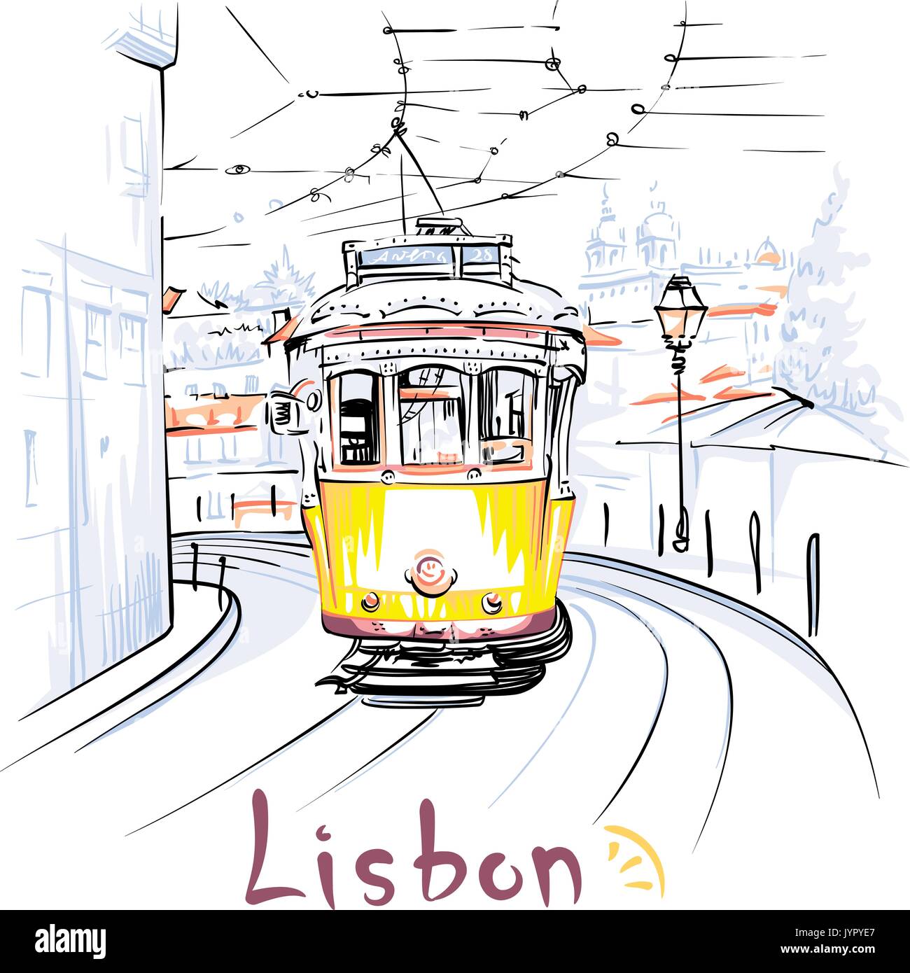 Yellow 28 tram in Alfama, Lisbon, Portugal Stock Vector