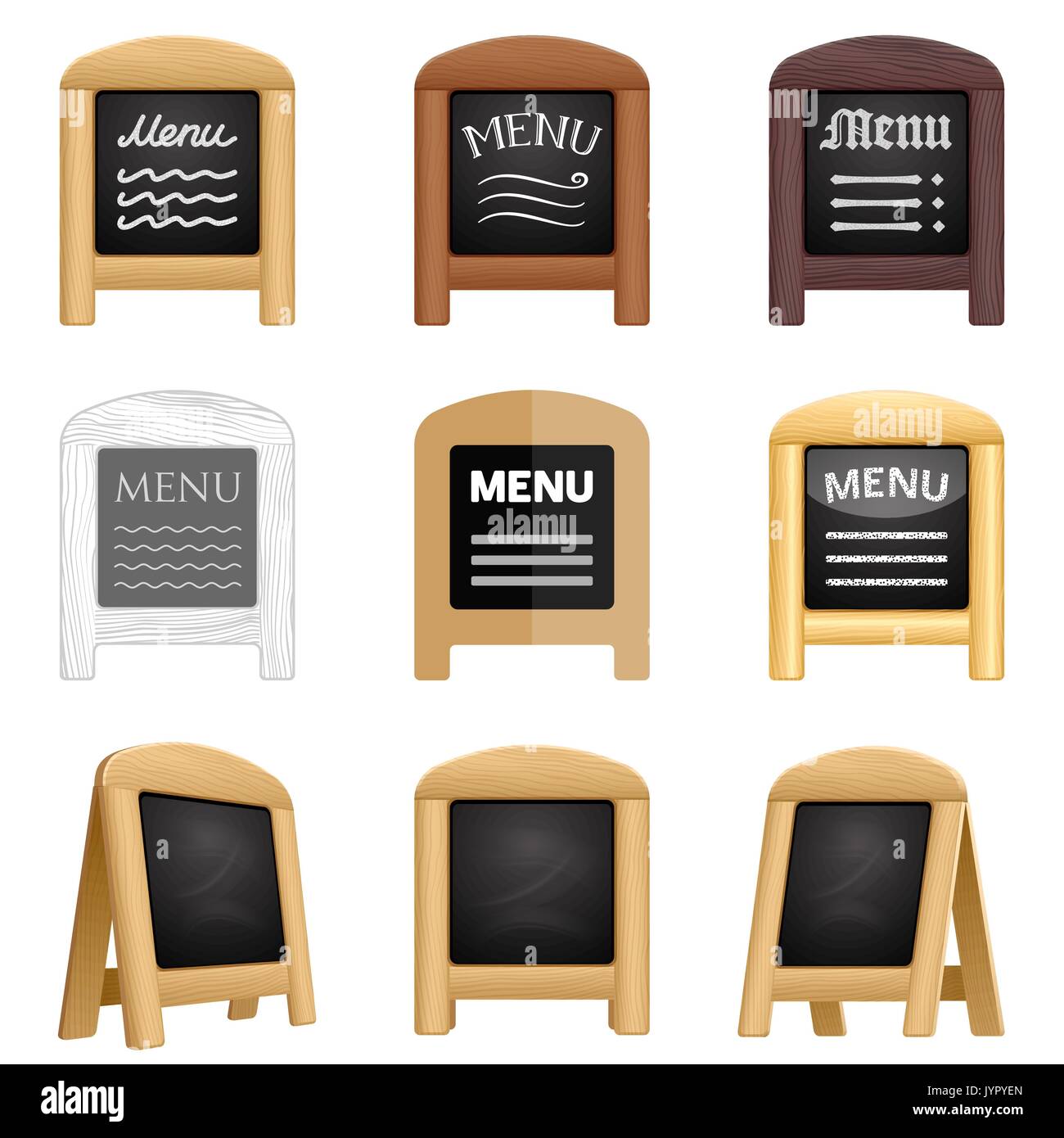 Set of restaurant blackboard menu icons. Various sidewalk sandwich boards with a wooden frame and chalk. 3d realistic blank folding signs for eatery. Stock Vector