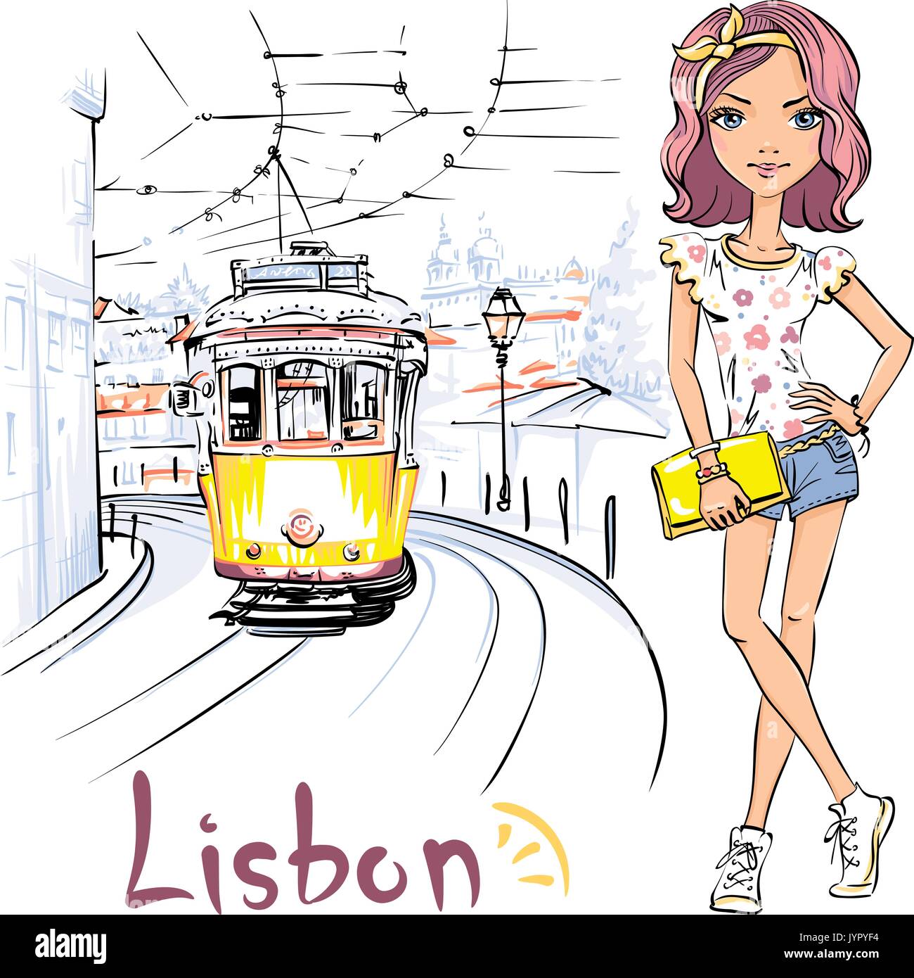 Girl and yellow 28 tram, Alfama, Lisbon, Portugal Stock Vector
