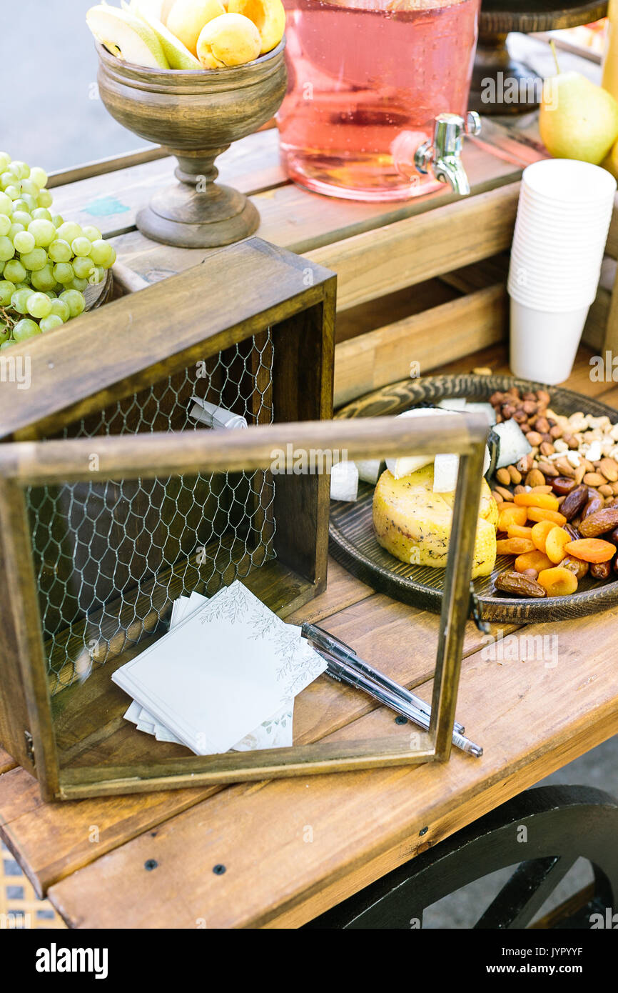 business, money, merchanting concept. summer grocery store with fruits, lemonades, dried