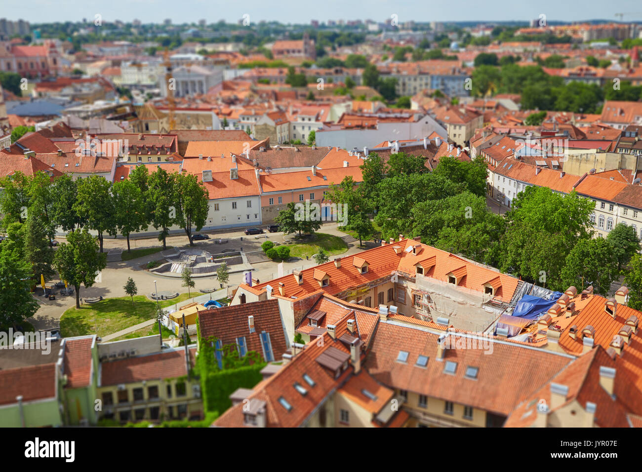 A view from above of the old city of Vilnius with tilt shift lens effect Stock Photo