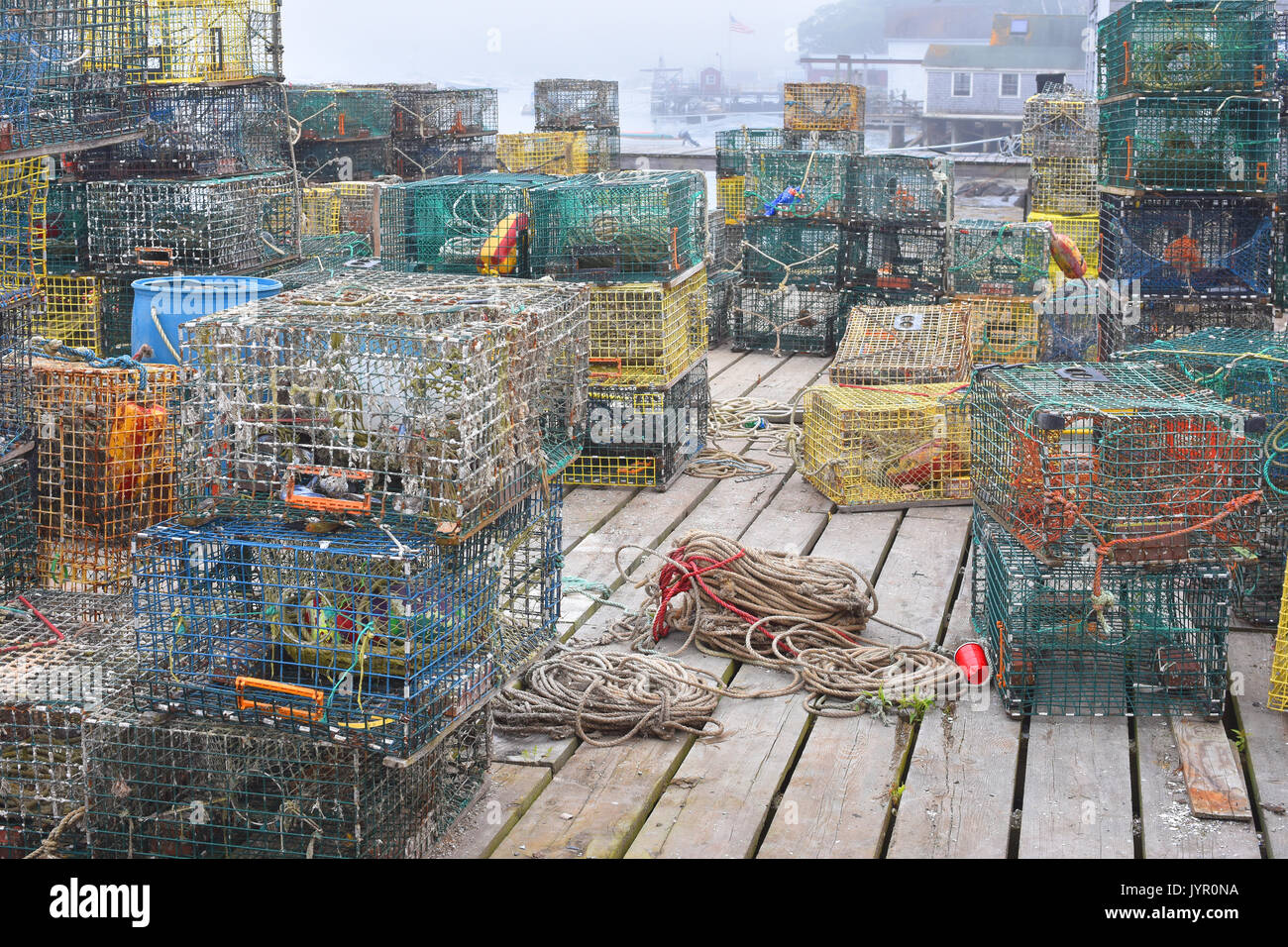 Lobster traps on the pier at Cundy's Harbor, Maine Stock Photo