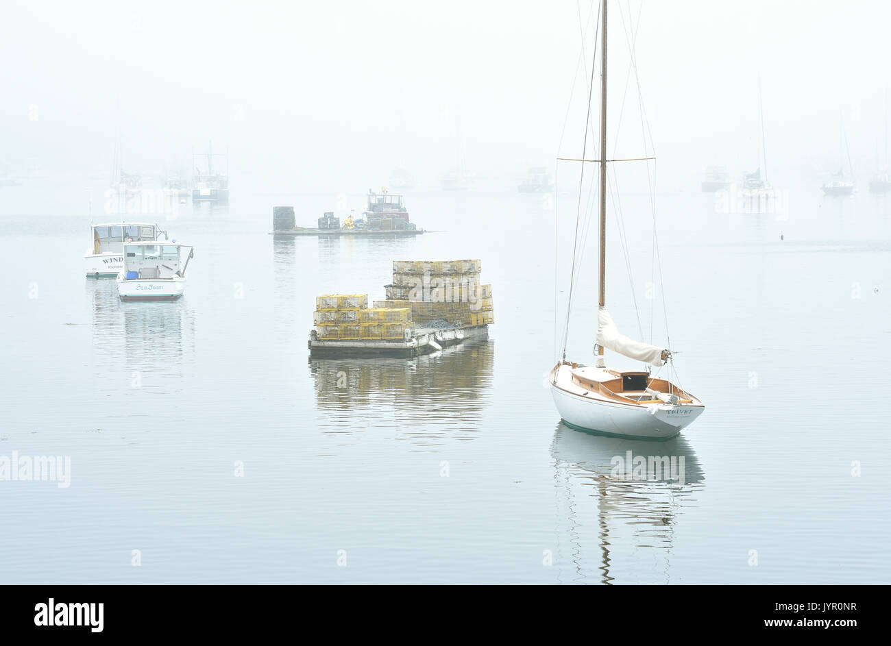 A foggy Boothbay Harbor, Maine Stock Photo