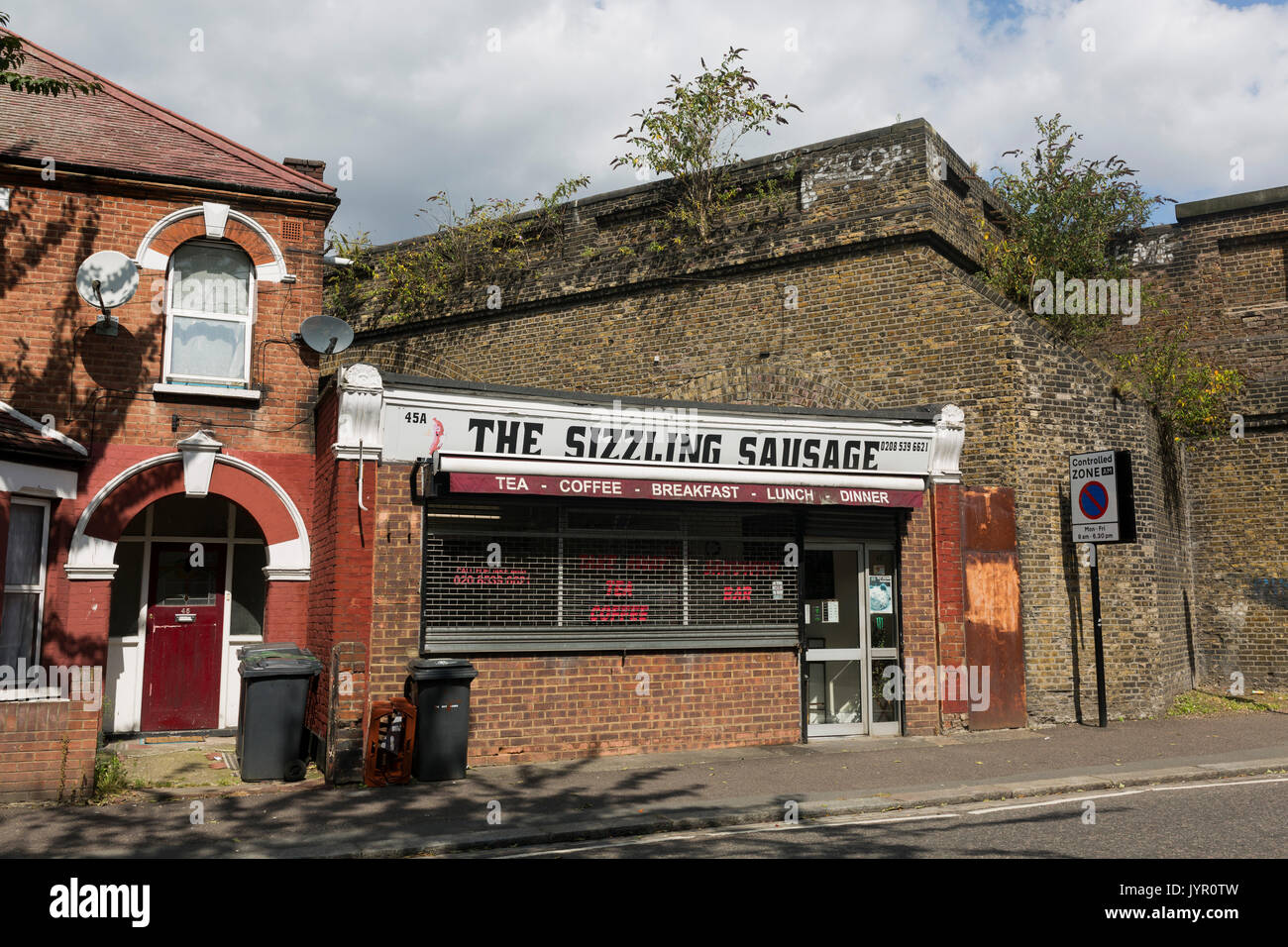 View of the Sizzling Sausage cafe in Leyton, east London. Stock Photo