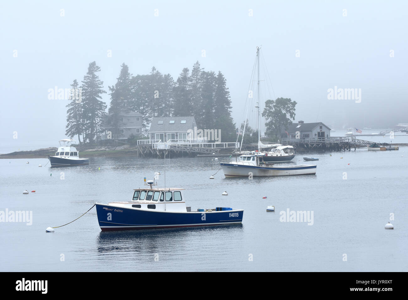 McFarland Island - Boothbay Harbor - Maine - on a foggy evening Stock Photo
