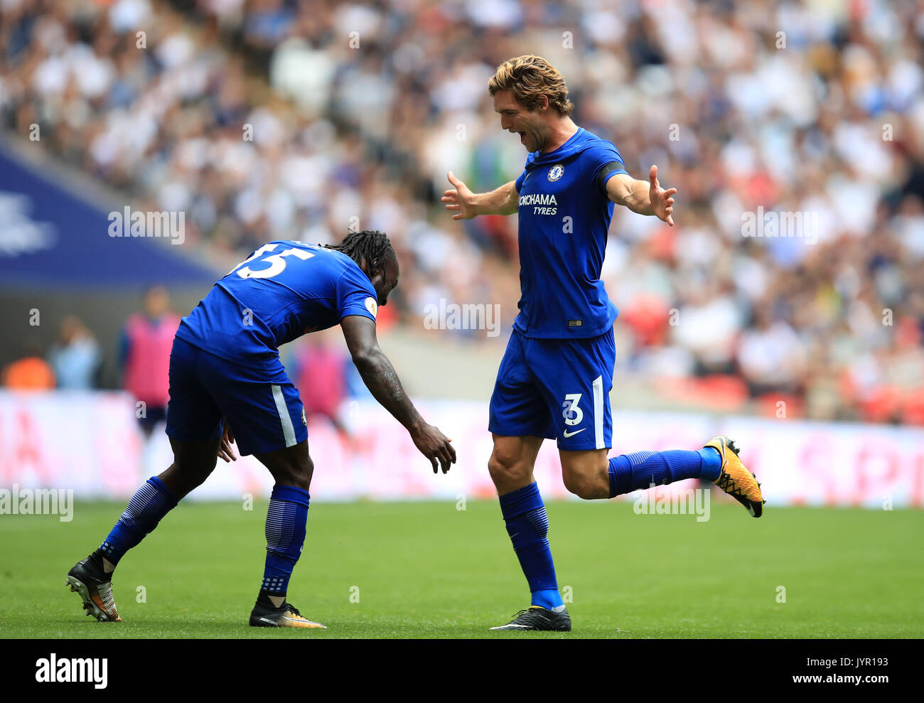 Alonso Goal Chelsea's Marcos Alonso (right) celebrates scoring his side's first ...