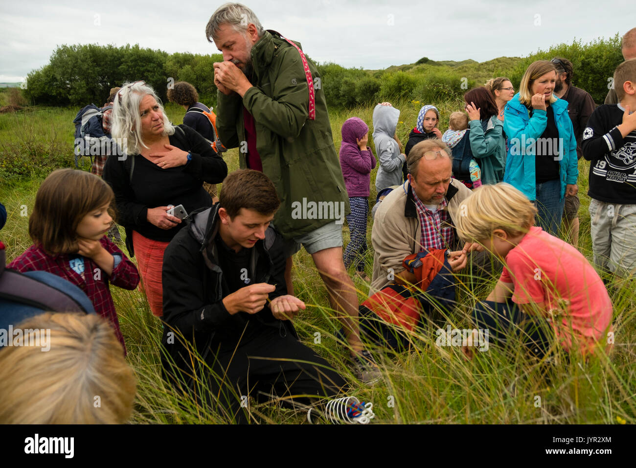 A group of people, lead by a Natural Resources Wales (NRW) warden,  foraging for wild thyme (thymus polytrichus)  and other foods growing on the seashore and marshlands at Ynyslas nature reserve in the Dyfi biosphere in mid Wales UK Stock Photo