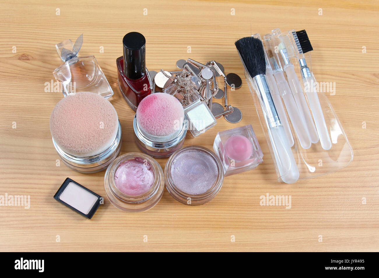 Pink face make up and beauty accessories Stock Photo