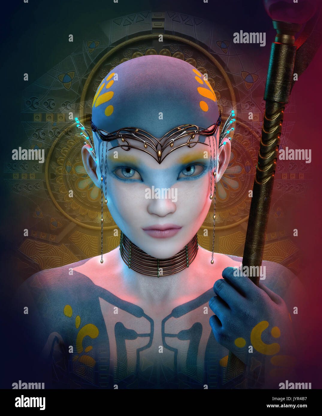 3D computer graphics of a extraterrestrial woman with headdress and choker Stock Photo