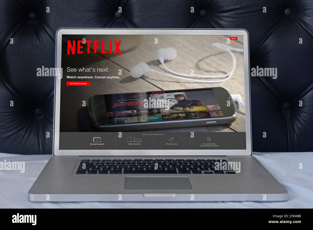 LONDON, UNITED KINGDOM - June 02, 2015: Netflix web page on laptop screen in the house bedroom. Netflix is a global provider of streaming movies and T Stock Photo