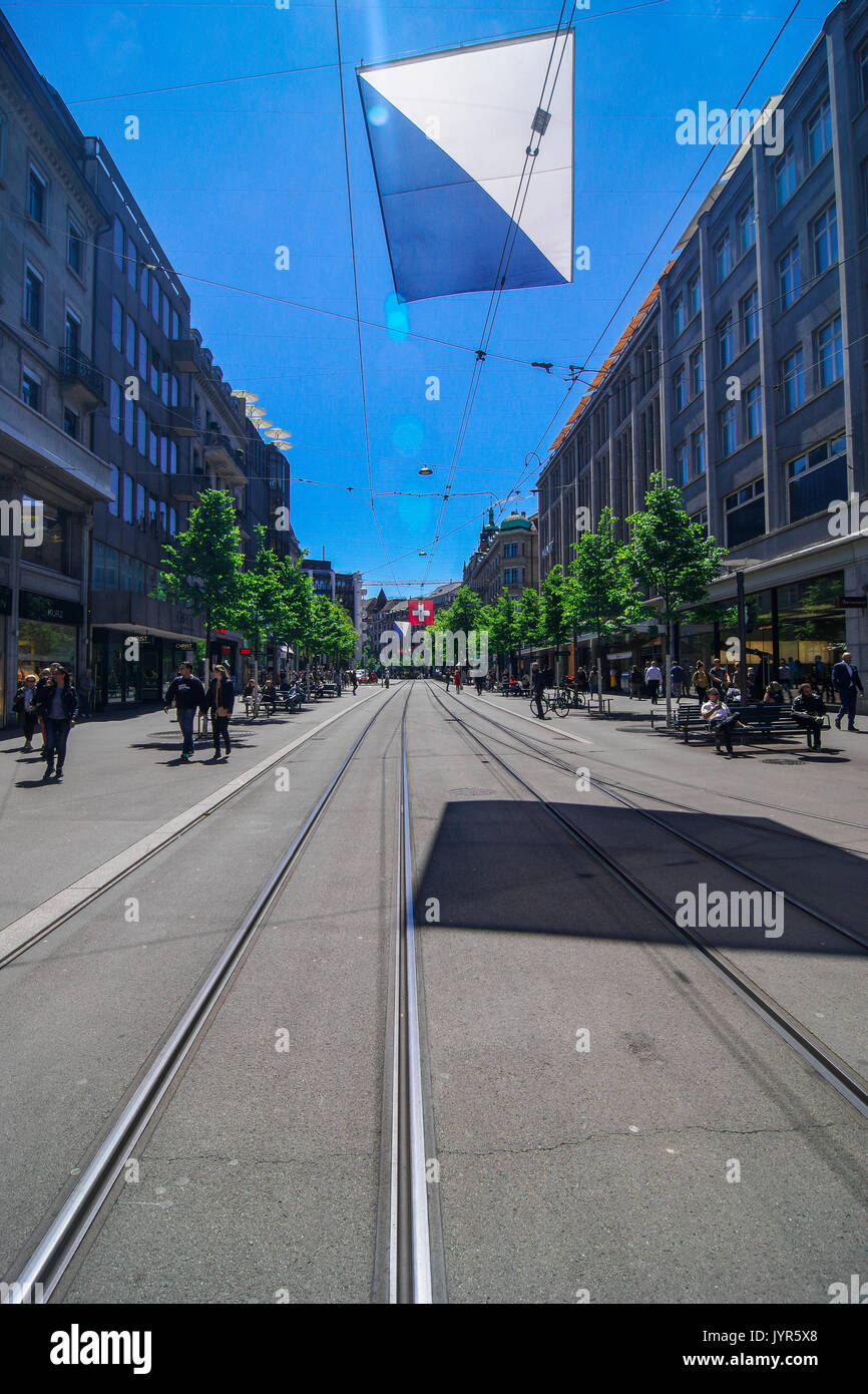 Downtown City scenes from Bahnhof strasse the main shopping street in Zurich Switzerland with