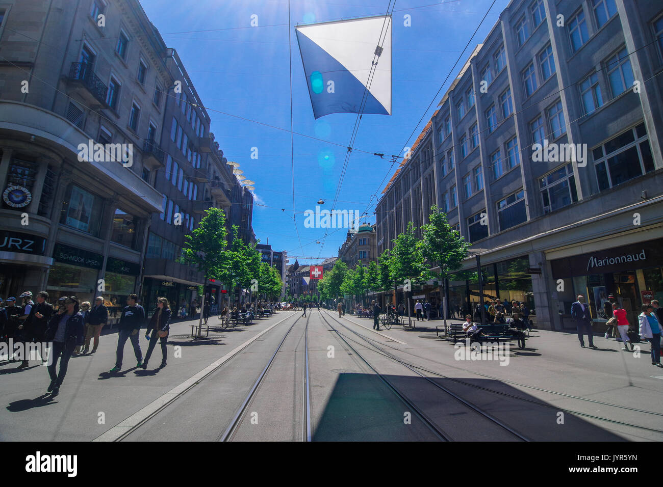 Downtown City scenes from Bahnhof strasse the main shopping street in Zurich Switzerland with