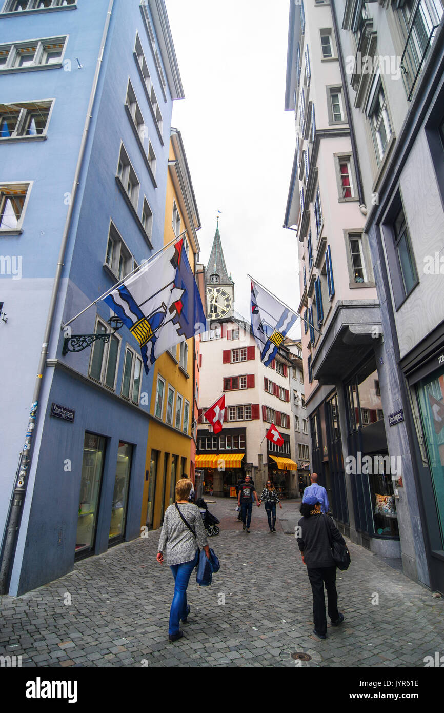Downtown City scene of narrow shopping street in Zurich Switzerland Stock Photo Alamy
